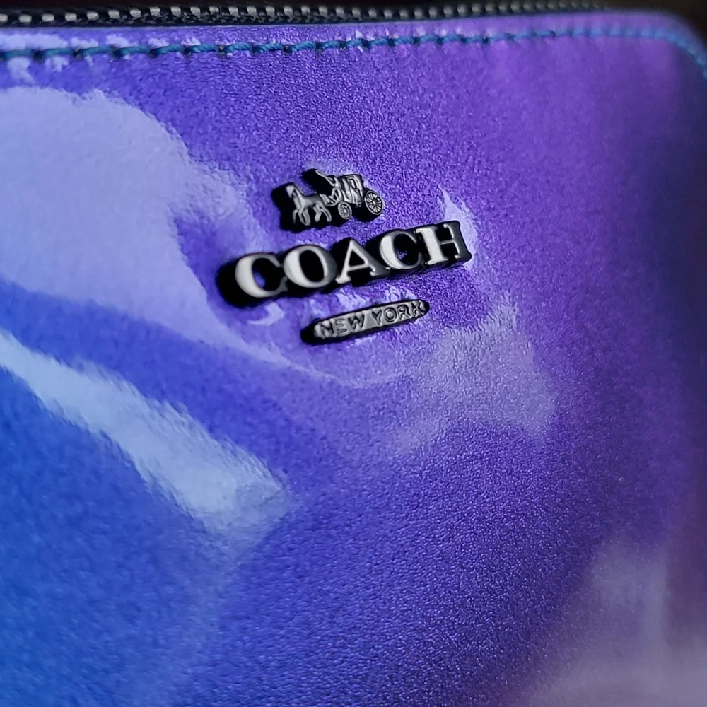 Coach F29412 Holographic Blue Purple Patent Leather Cosmetic Pouch Bag